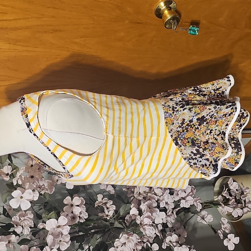 Anthropologie Yellow and White Striped Tank with Floral Trim - Picture 3 of 6